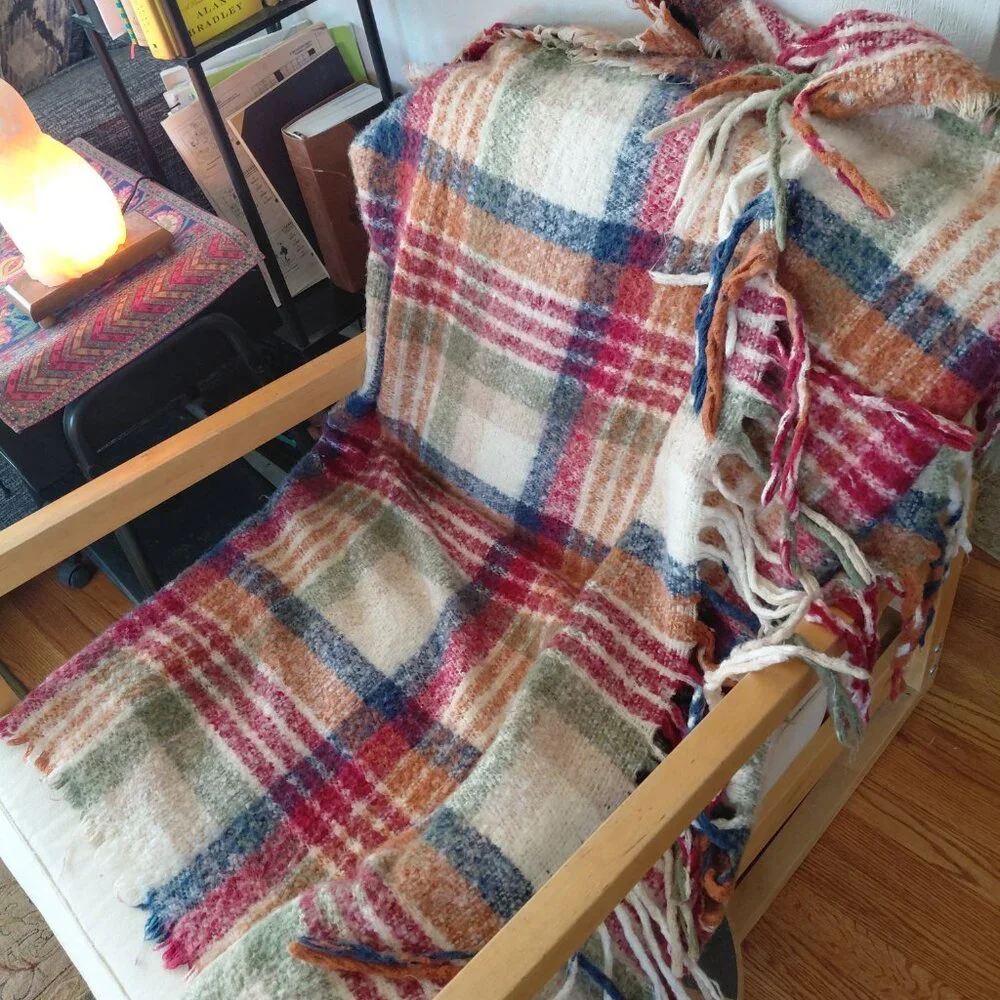 Soft Mohair Tartan Plaid Blanket | Red & Green Check Cozy Farmhouse Cottagecore